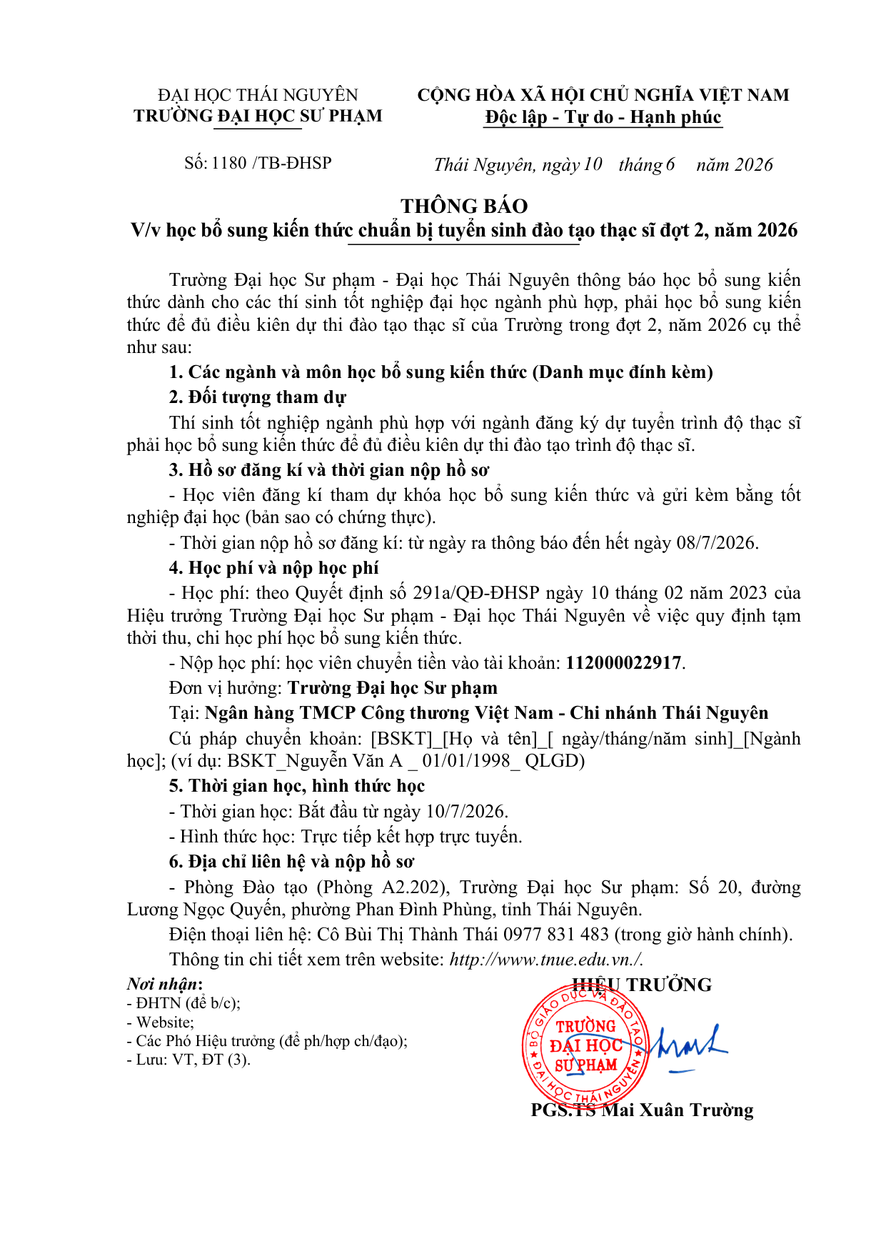 Thông báo V/v học bổ sung kiến thức chuẩn bị tuyển sinh đào tạo thạc sĩ đợt 2, năm 2026